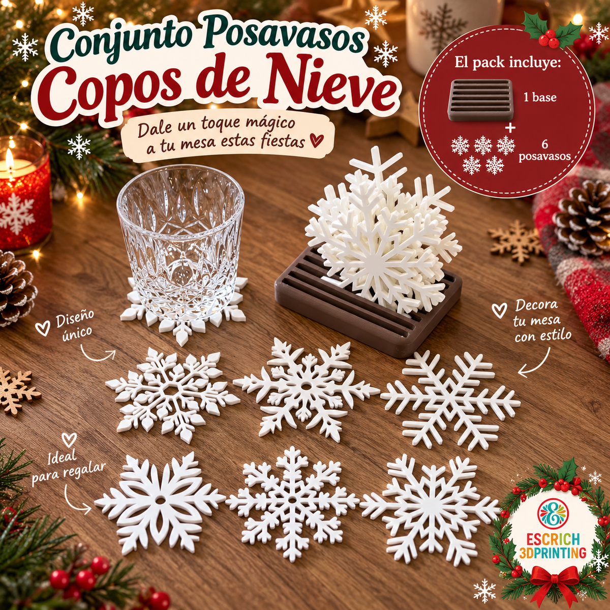 Set de Posavasos Copos de Nieve Navideños 3D con Base – 6 Posavasos