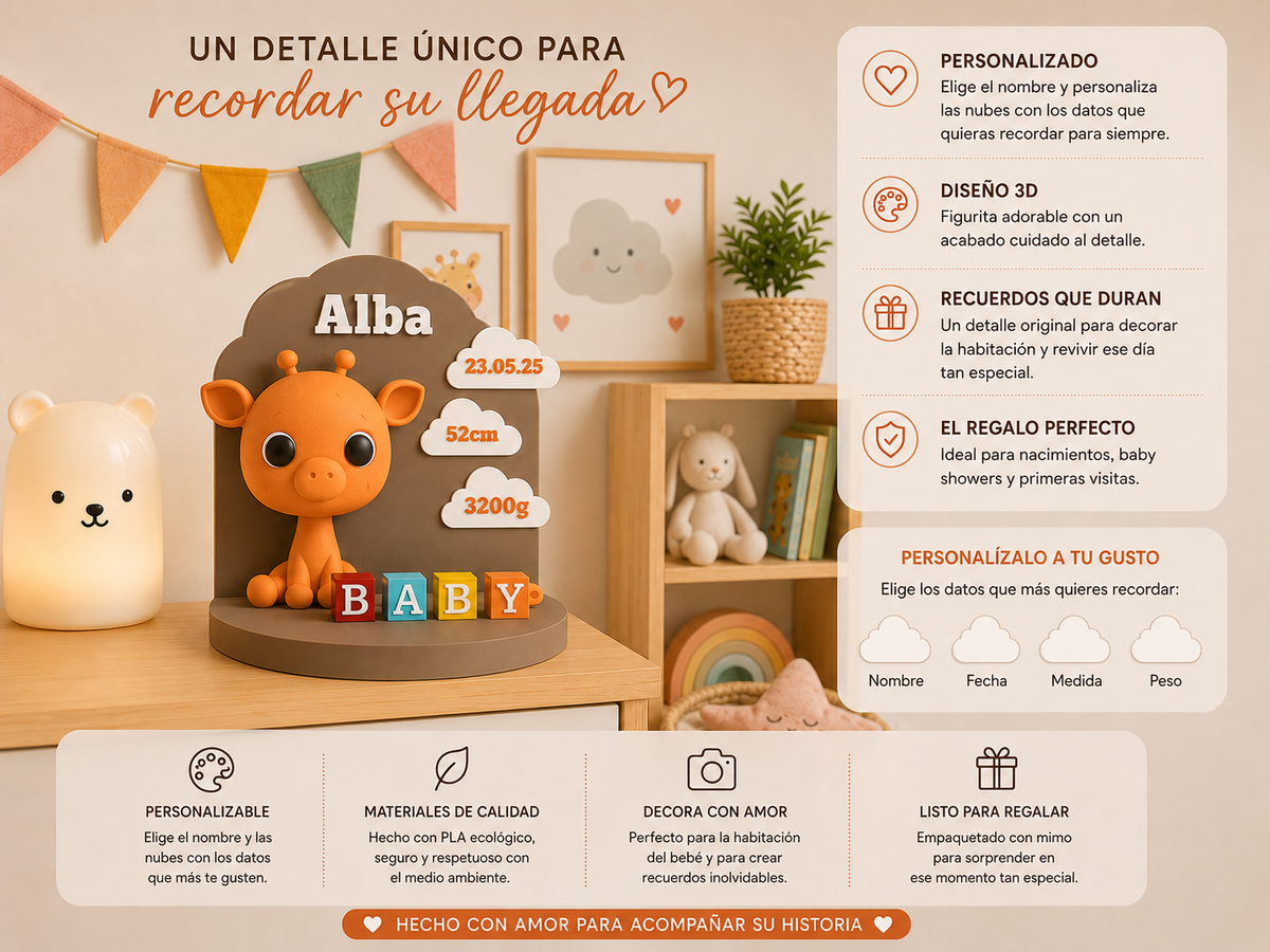 Recuerdo de Nacimiento Personalizado con Jirafa para Bebé
