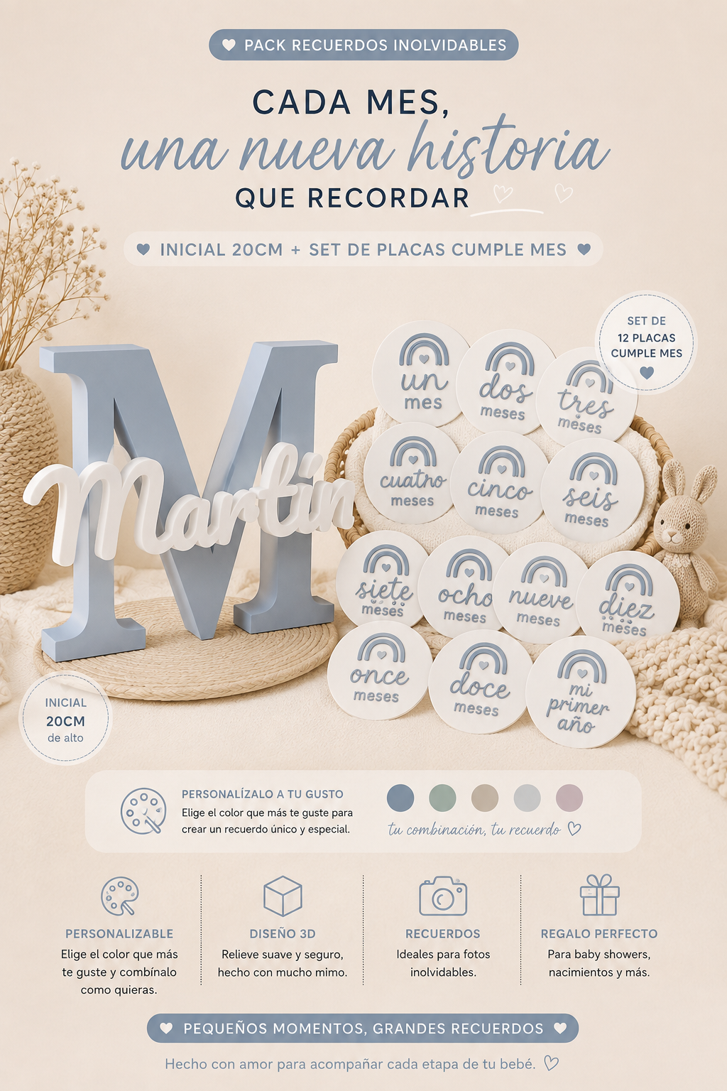 Pack Nacimiento Personalizado para Bebé | Inicial 20cm + Placas Cumple Mes