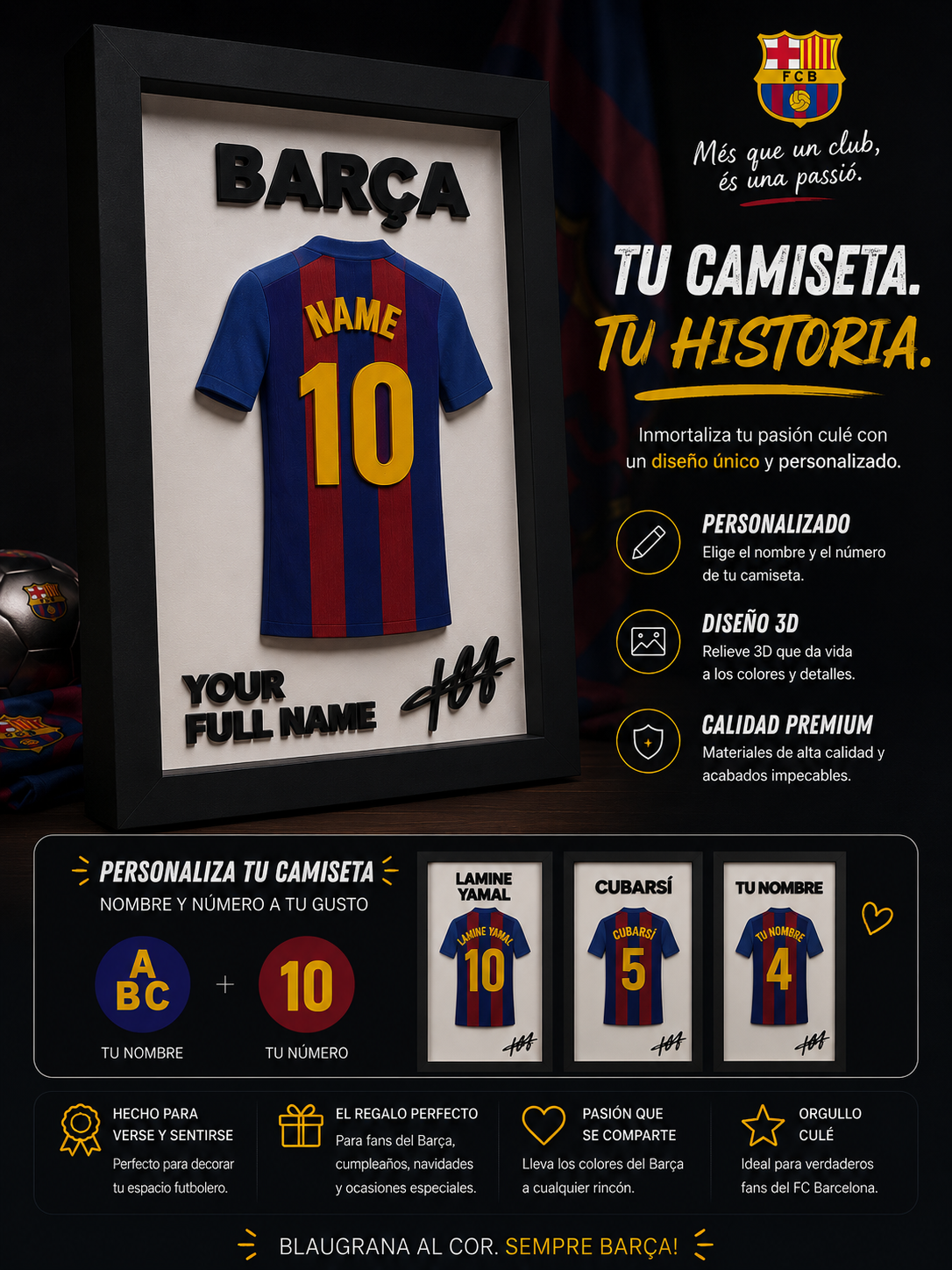 Cuadro Camiseta F.C. Barcelona Personalizada | Nombre y Número