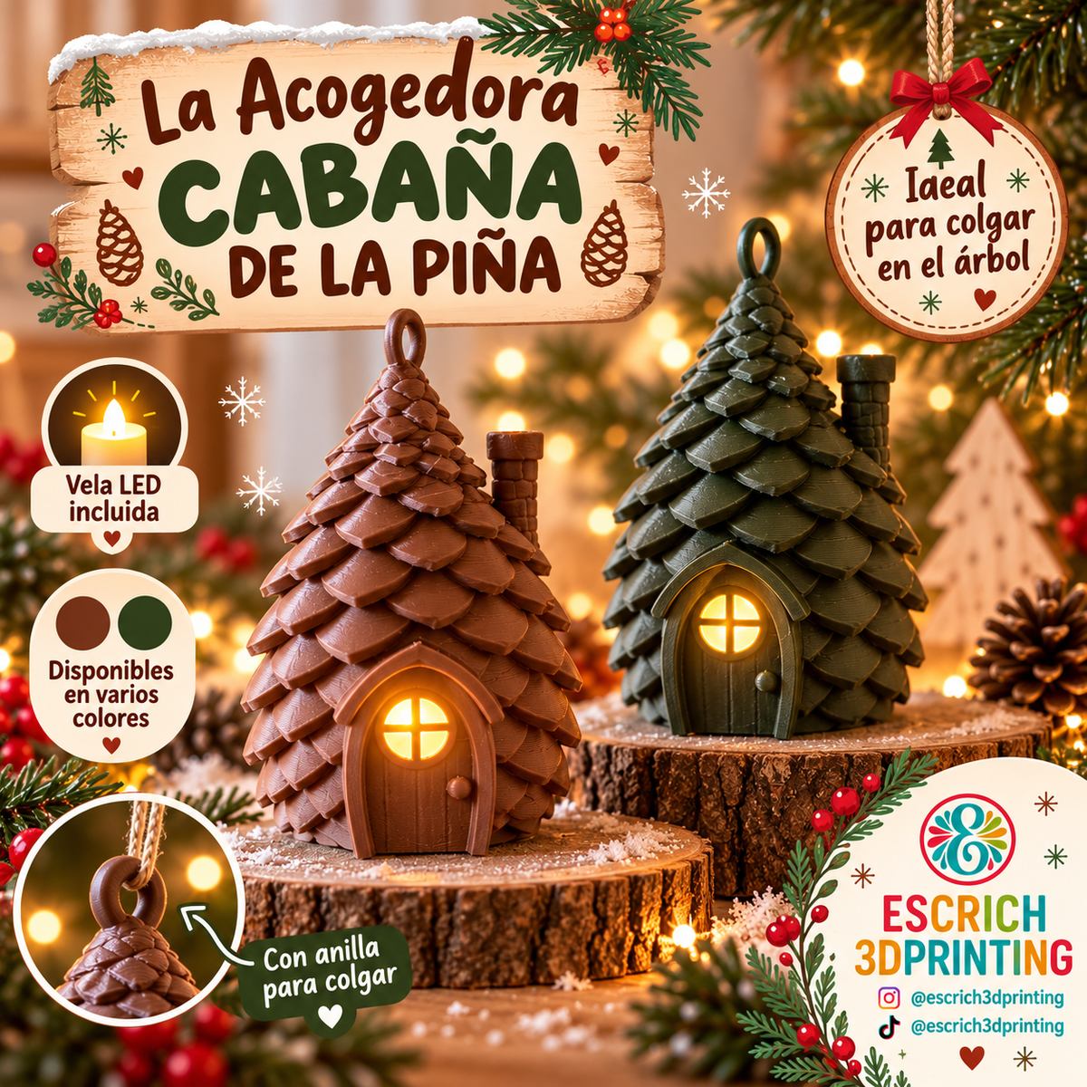 La Acogedora Cabaña de la Piña con Luz LED – Adorno Navideño 3D