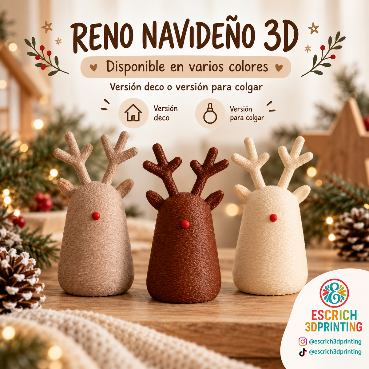 Reno Navideño Decorativo 3D – Adorno de Navidad para Colgar o Decorar